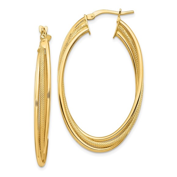 14k Yellow Gold & Textured Twisted Fancy Oval Hoop Earring 43.38 L x 25.9 mm W